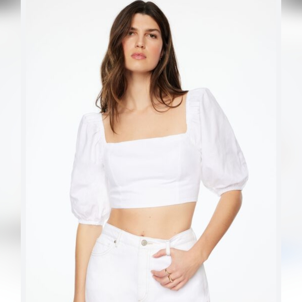 Dynamite White Puff Sleeve Blouse Sz.Medium Rayon/Cotton/Linen